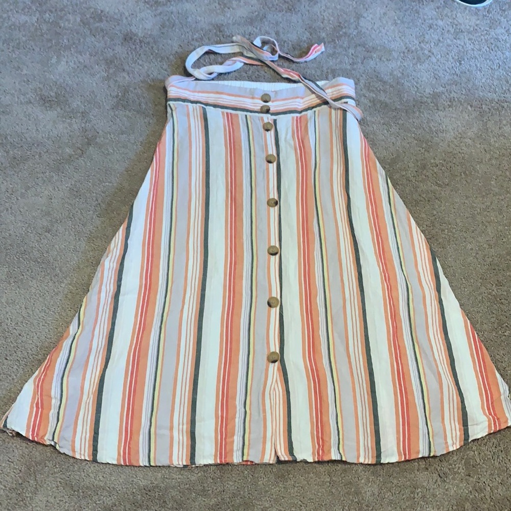 Boho Striped Button up Flowy Tie Linen Colorful Spring Long Midi Skirt